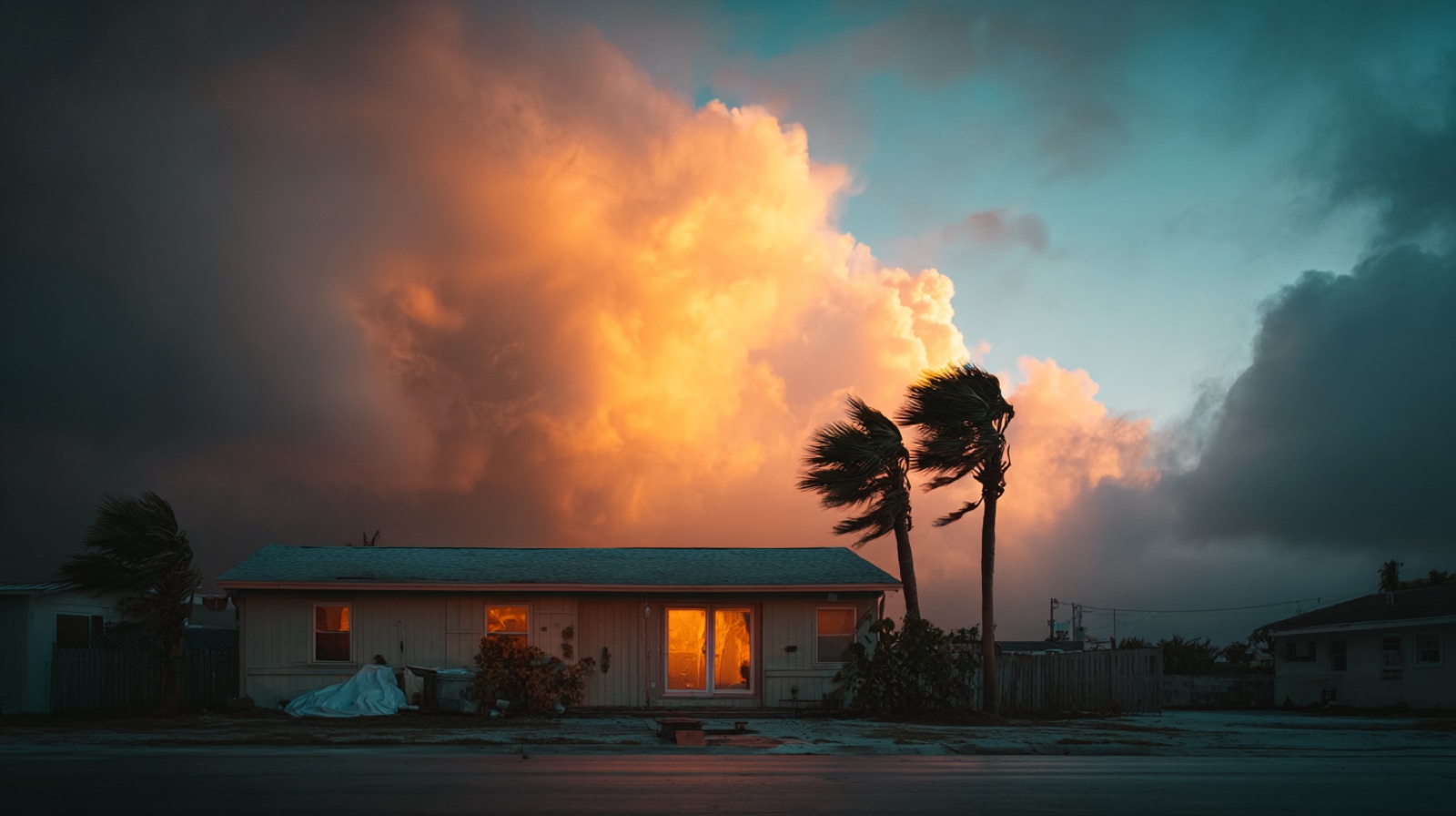 Florida bungalow with hurricane shutters going up as the next system builds offshore — the season every renewal conversation hinges on.